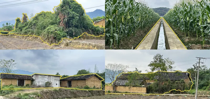Four views of rammed earth buildings with planted green roofs beside agricultural fields and mountains