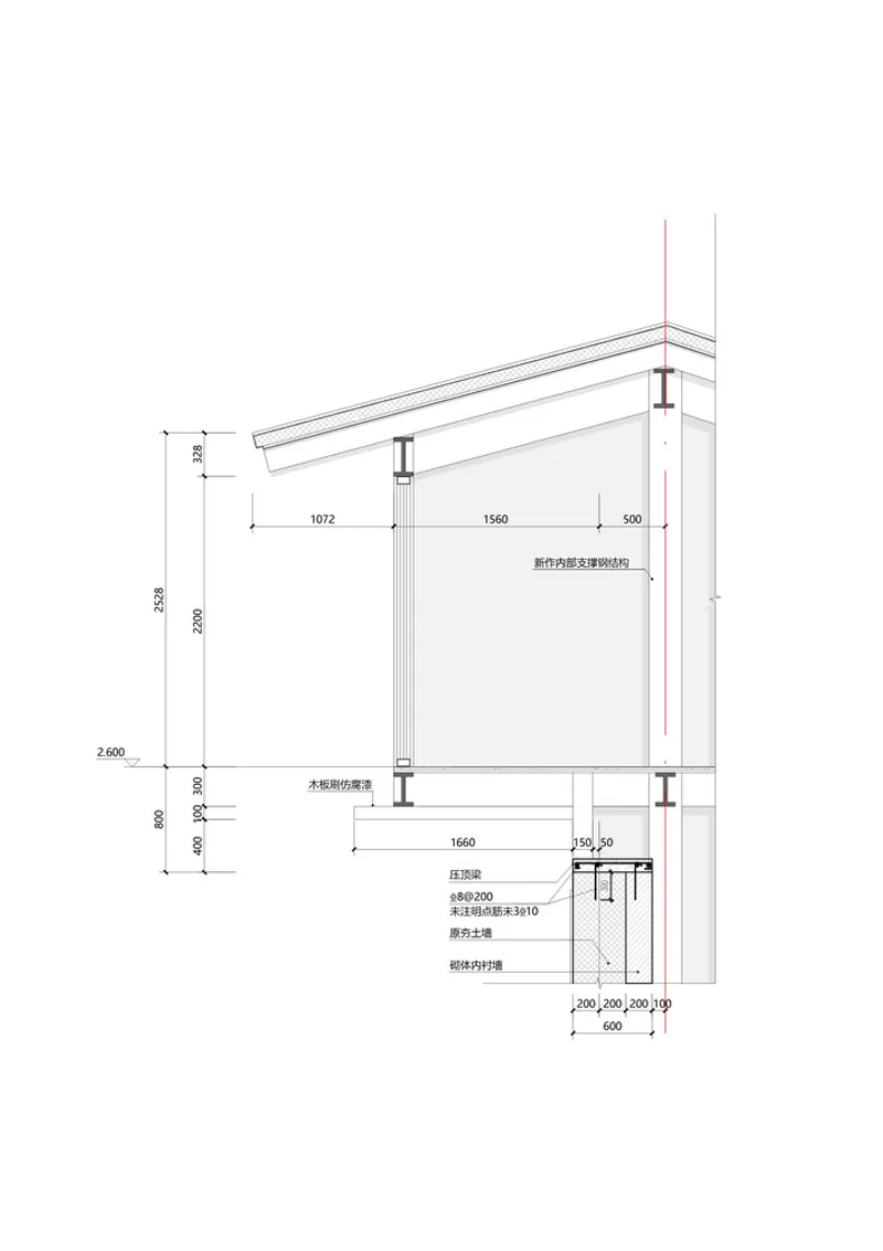Section detail drawing showing sloped roof connection, timber columns and foundation with dimensions