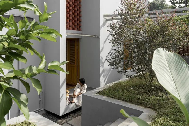 Courtyard view framed by banana leaves showing a person with dog beside the sloped lawn