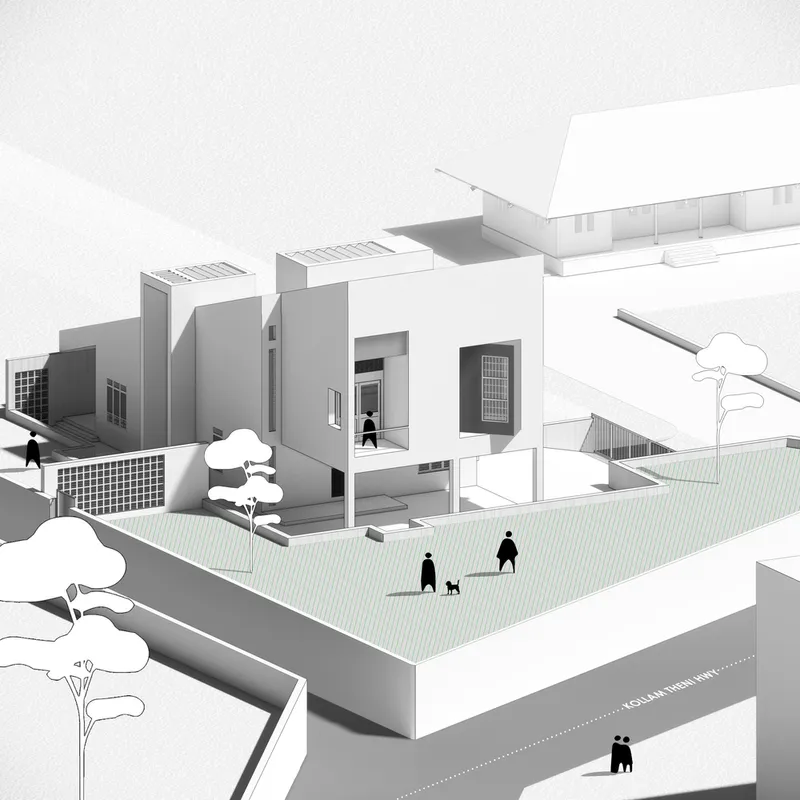 Axonometric drawing of a residential complex with courtyard, figures with dog, and surrounding trees