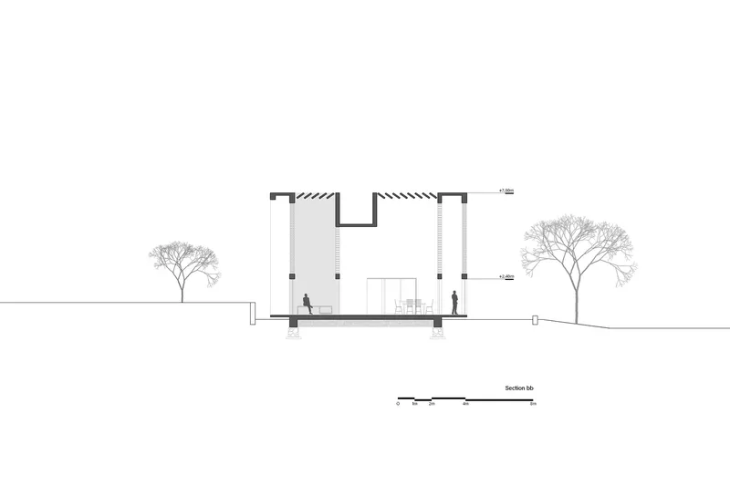 Section drawing showing two-story volumes with ventilation details, figures, and flanking trees