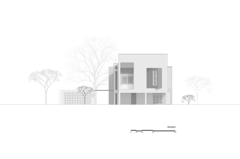 Elevation drawing displaying a multi-level facade with varied window openings and surrounding tree silhouettes
