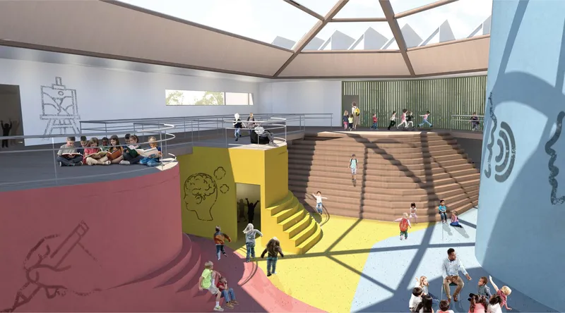 Interior rendering of a multi-level gathering space with colored stepped seating and children throughout
