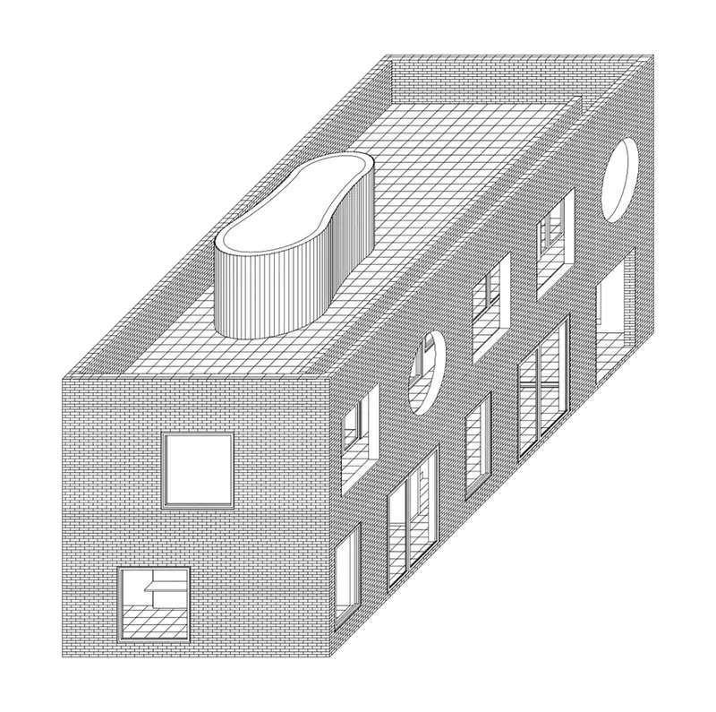 Axonometric drawing showing a two-storey volume with brick walls and a cylindrical roof element