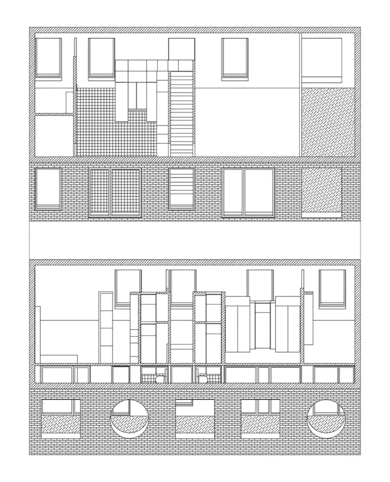 Elevation and section drawings depicting a two-story brick structure with central staircase and mixed window configurations