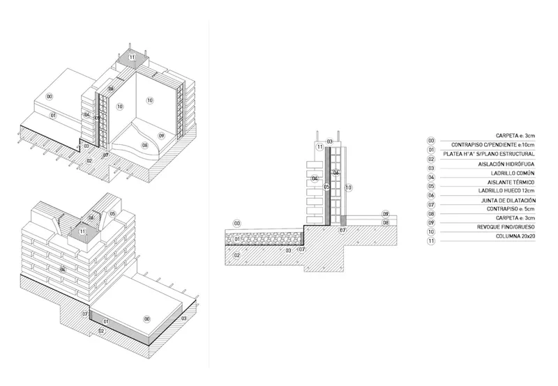 Construction detail drawings of wall sections and foundation connections with material callouts