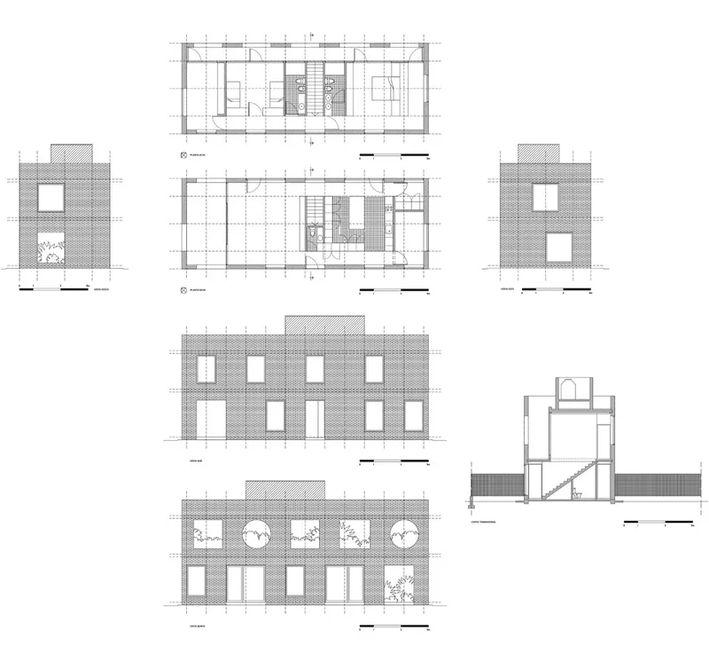 Floor plans, elevations and section drawings showing a brick-clad multi-story building with varied window openings