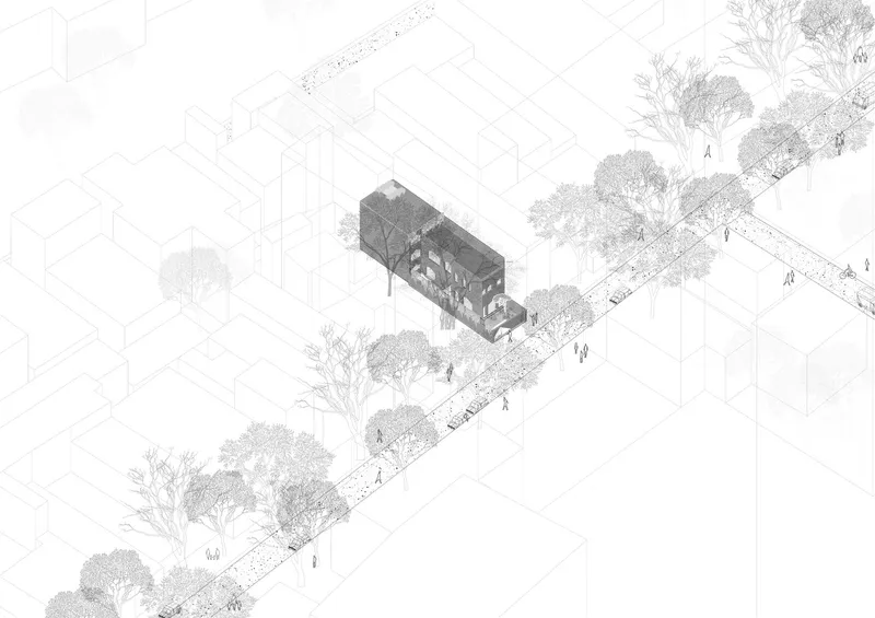 Axonometric drawing showing a rectangular structure with diagonal pathways, trees, and pedestrians