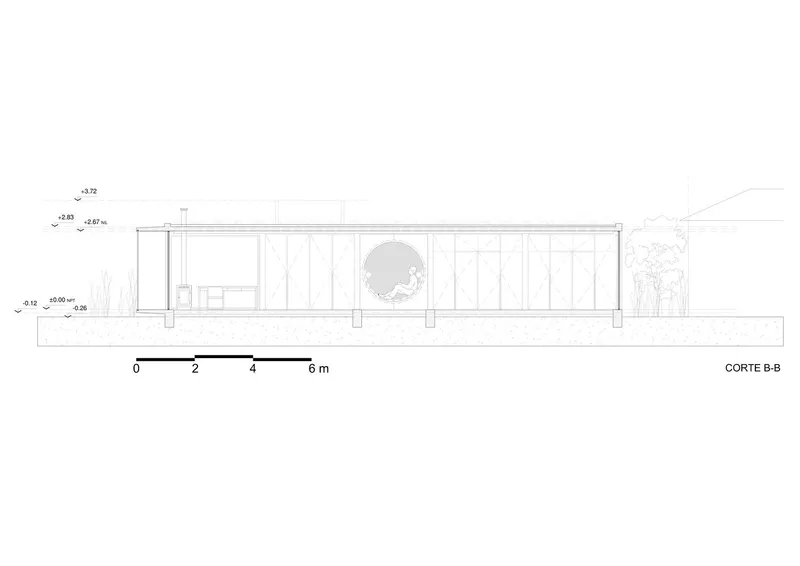 Section drawing showing the raised pavilion with vertical timber panels and a circular window opening