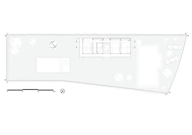Site plan drawing showing a linear building footprint on a tapered lot with pool