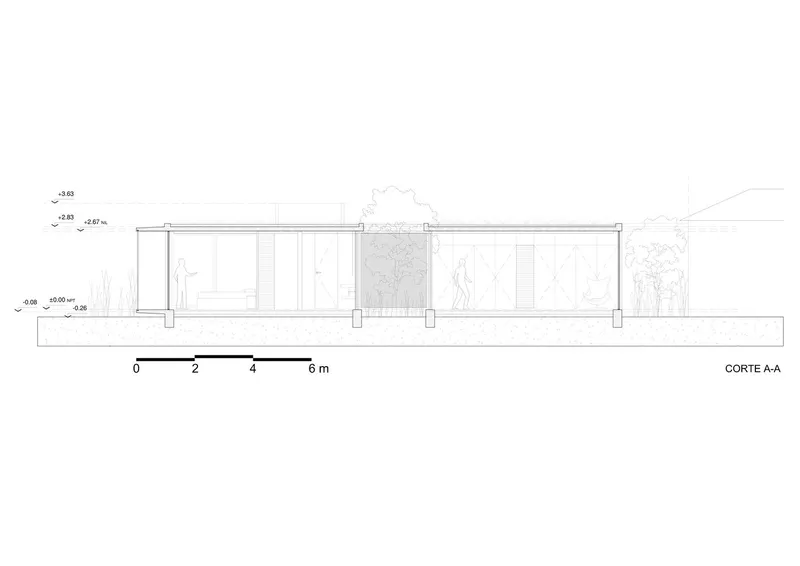 Section drawing showing single-story structure with flat roof and column spacing
