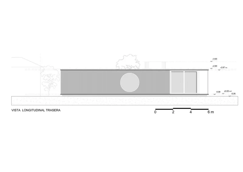 Rear elevation drawing of the long form with a circular opening and adjacent glazed volume