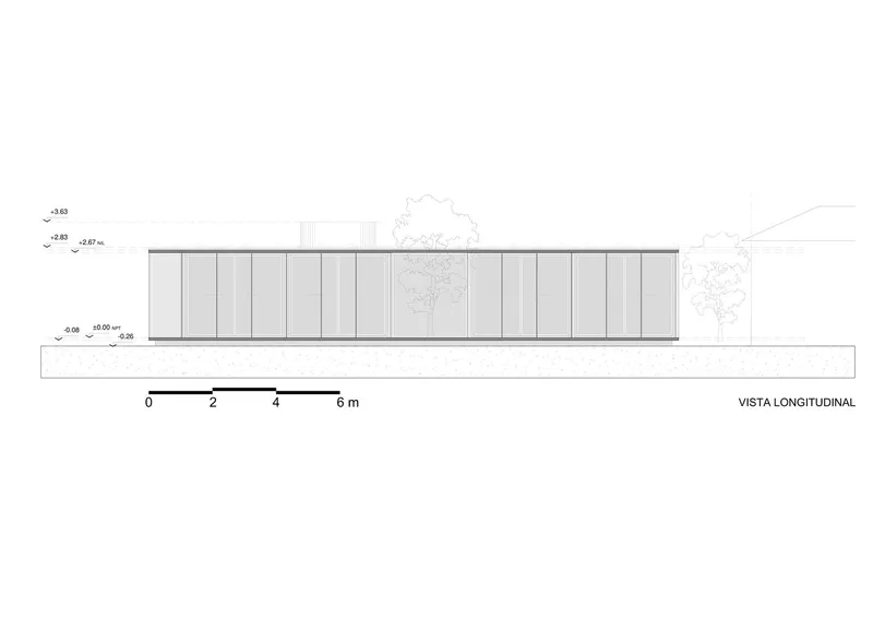 Rear elevation drawing displaying the vertical timber cladding with a centered tree cutout