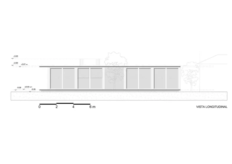 Longitudinal elevation drawing showing the glazed facade with an open planted courtyard at center