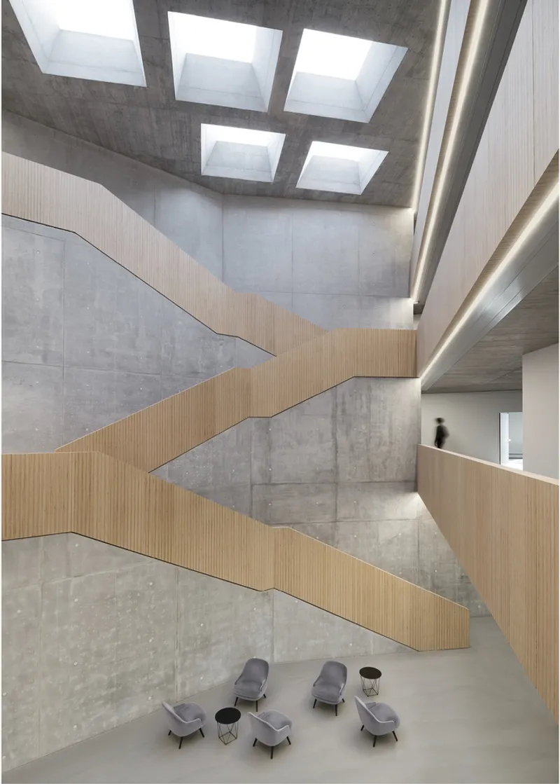 Multi-story atrium with diagonal timber-clad stairs wrapping exposed concrete walls beneath a skylighted ceiling