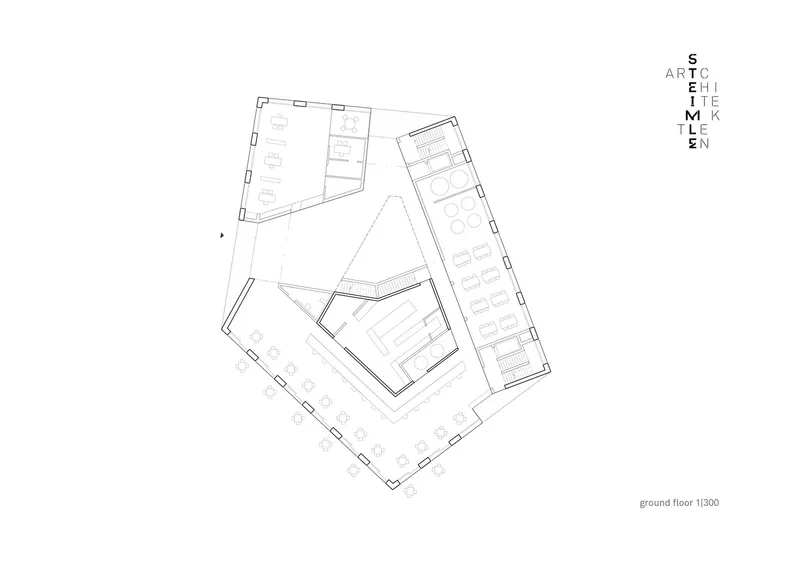 Ground floor plan showing pentagonal perimeter with central triangular courtyard and surrounding programmatic zones