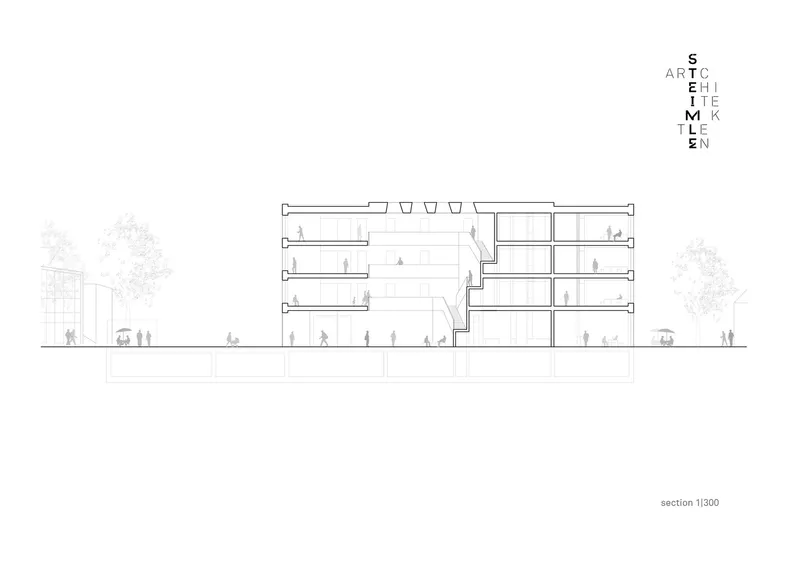 Section drawing revealing multilevel interior spaces with exterior trees and figures at grade