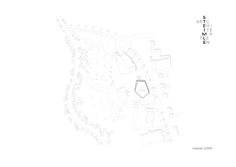 Site plan drawing with pentagonal building footprint among curved pathways and adjacent structures