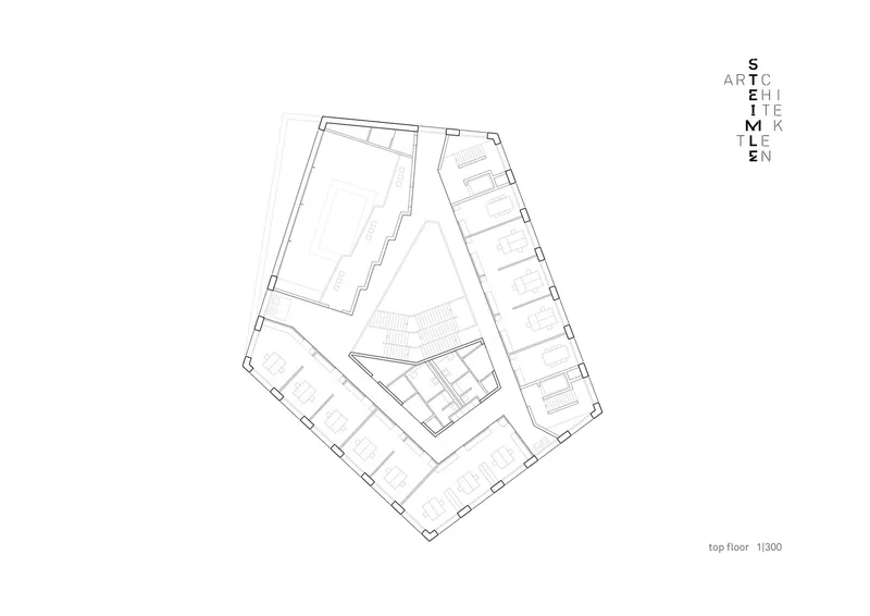 Top floor plan illustrating pentagonal perimeter with central triangular auditorium and circulation ribbon