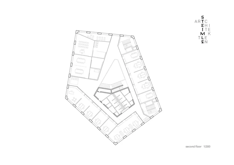 Floor plan drawing of a pentagonal second floor with rooms arranged around a central atrium