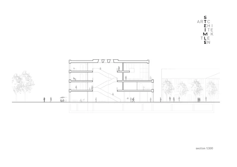 Section drawing showing staggered floor plates with triangular volume and landscaping at both edges