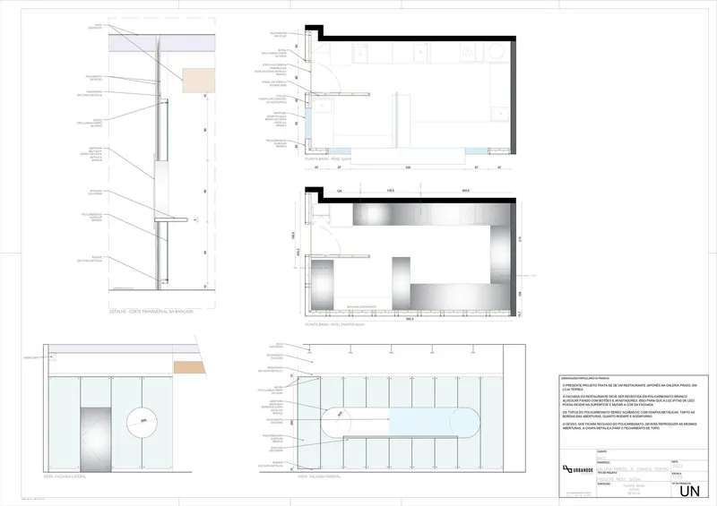 Technical drawing sheet showing section and plan views of interior spaces with annotations and dimensions