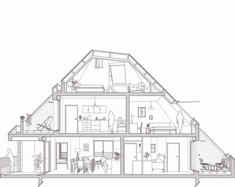Section drawing showing multi-level interior spaces with pitched roof and figures inhabiting each floor