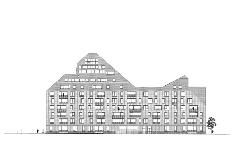 Elevation drawing of a stepped brick facade with varied window patterns and a single tree