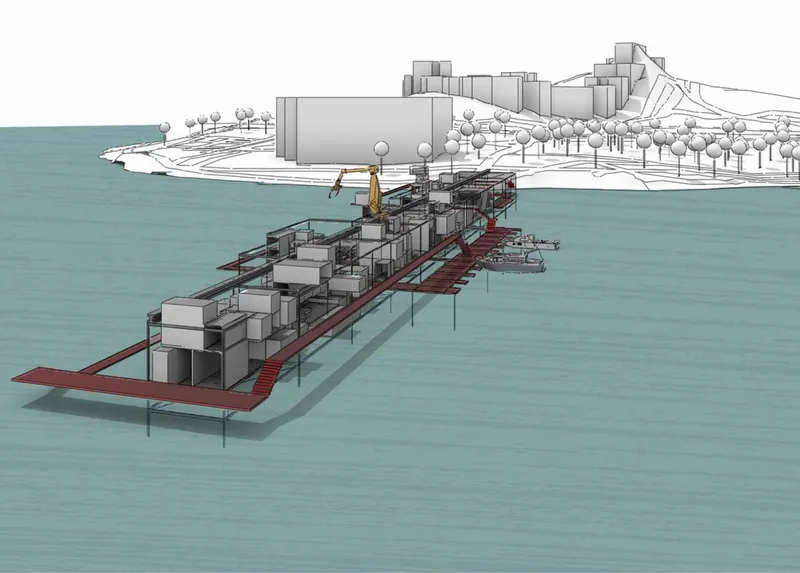 Aerial perspective drawing of a floating pier structure with red walkways and modular volumes over water
