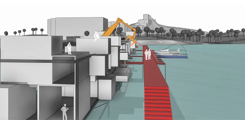 Sectional drawing showing a red walkway extending from terraced waterfront housing over the water with a crane