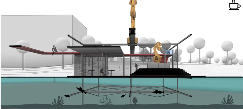 Section drawing of a floating pavilion with glazed walls showing underwater aquatic life and a crane above