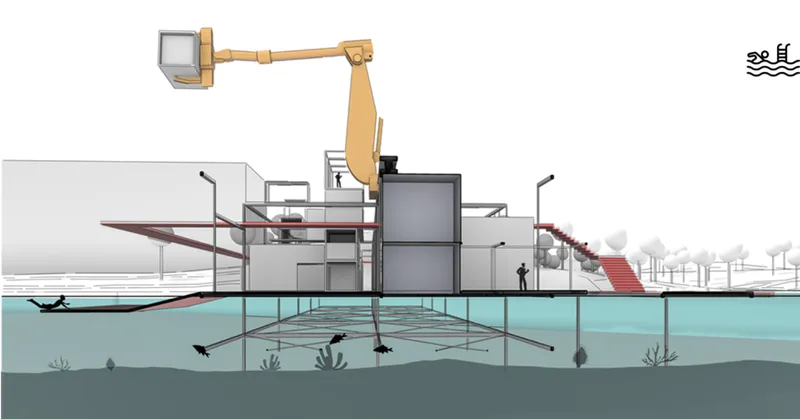 Sectional drawing of a waterfront structure with crane and red stairs descending toward the waterline
