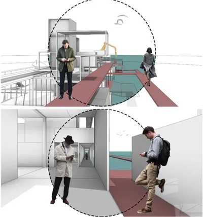 This architectural image presents a conceptual design featuring a series of interconnected structure