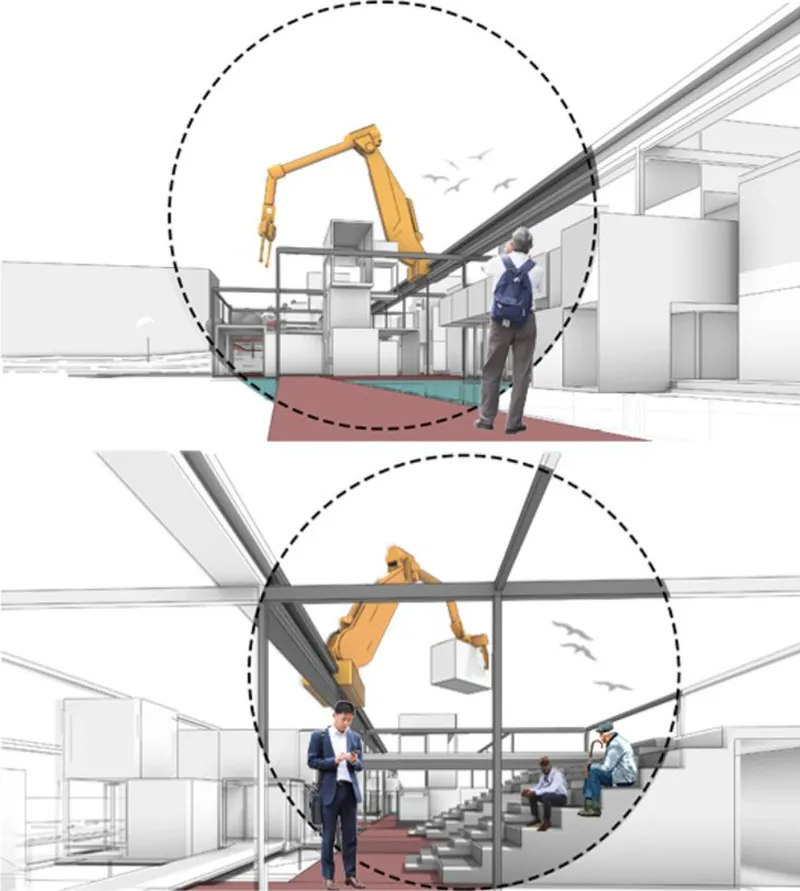 Perspective rendering showing cantilever walkways with robotic arms and occupants in multilevel interior spaces