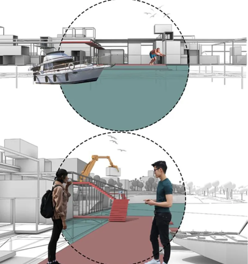 Diagram showing above and below waterline activities with boat docking and pedestrian interactions on a pier