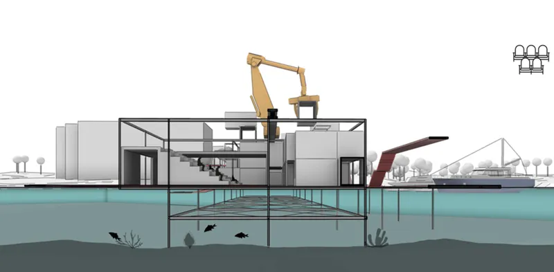 Section drawing of a floating platform with crane and glazed enclosure revealing submerged structural supports