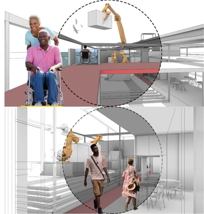 Perspective rendering showing suspended walkway with robotic arms overhead and occupants including wheelchair user below