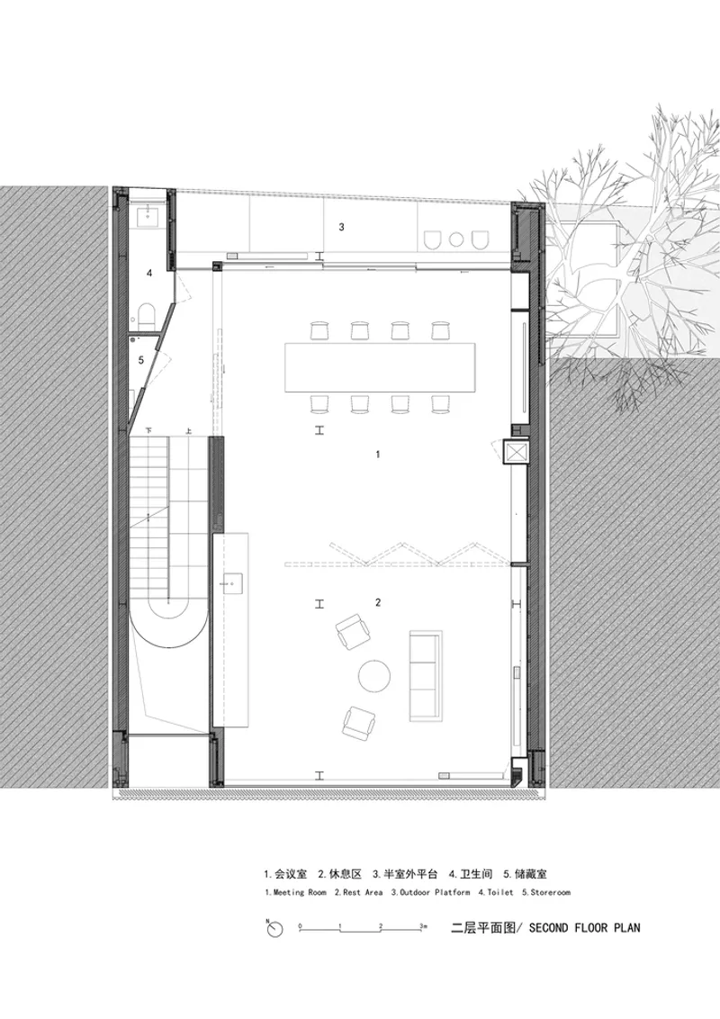 Second floor plan drawing showing meeting room, rest area and outdoor platform with seating