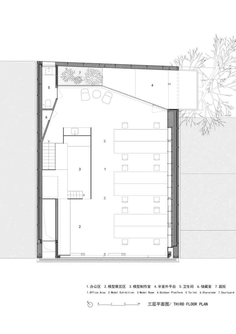 Third floor plan drawing showing office area, model exhibition room and outdoor courtyard with furniture