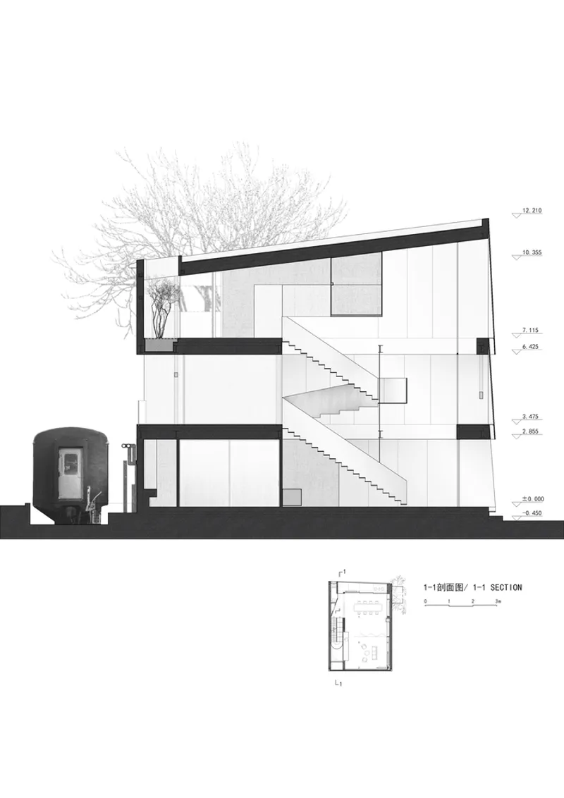 Section drawing showing three-story interior with central staircase and rooftop tree canopy