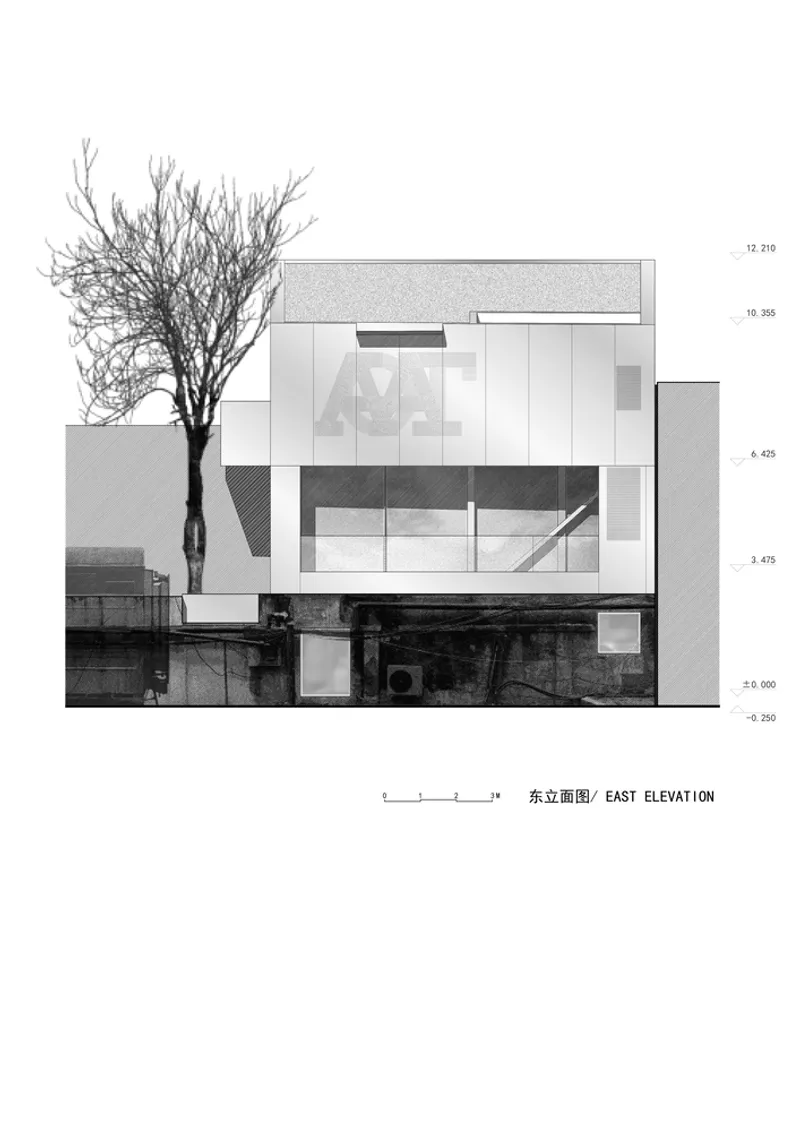 East elevation drawing showing a two-story facade with large glazed openings and a bare tree