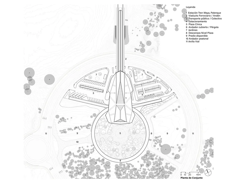 Site plan drawing showing the triangular terminal building with central tower and surrounding parking areas and landscape