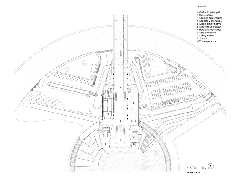 Floor plan drawing showing the main concourse level with platforms radiating from the central circulation spine
