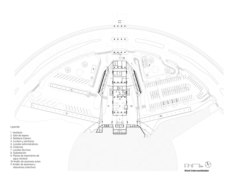 Floor plan drawing of the mezzanine level showing the central spine with flanking platform areas and service zones