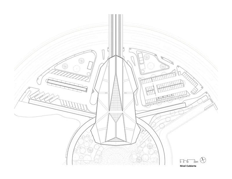 Roof plan drawing showing the curved canopy structure with central tower and radiating support elements