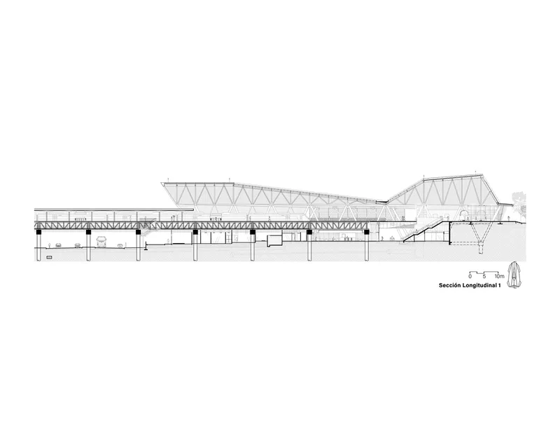 Longitudinal section drawing showing trussed roof structures and elevated platform supported by columns