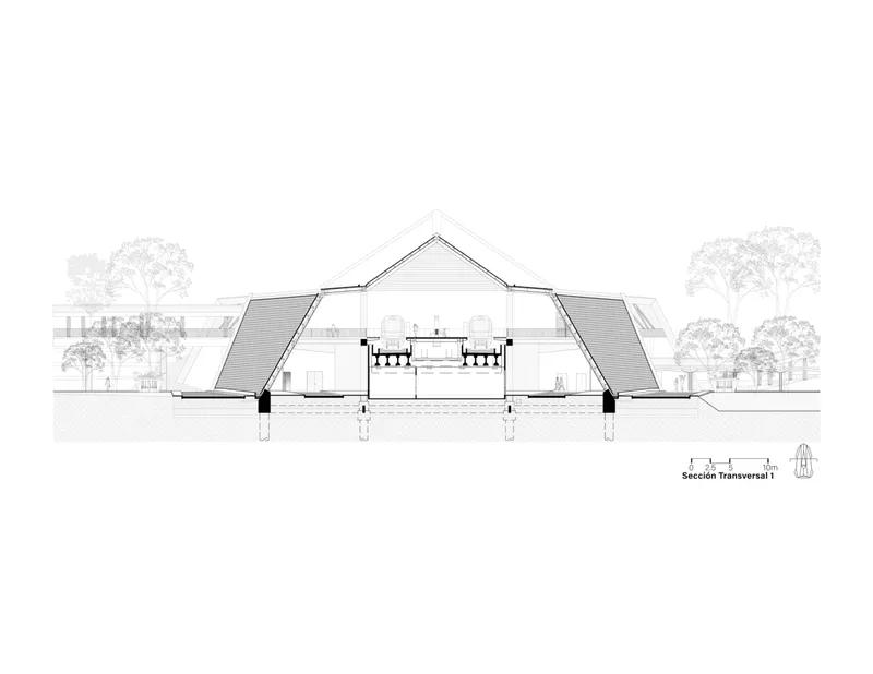 Transverse section drawing displaying symmetrical pitched roofs with central gabled volume and flanking trees
