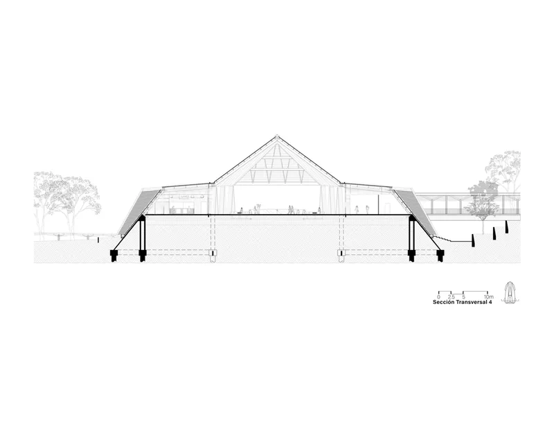 Transverse section drawing illustrating steeply pitched roof with exposed truss structure and landscape context