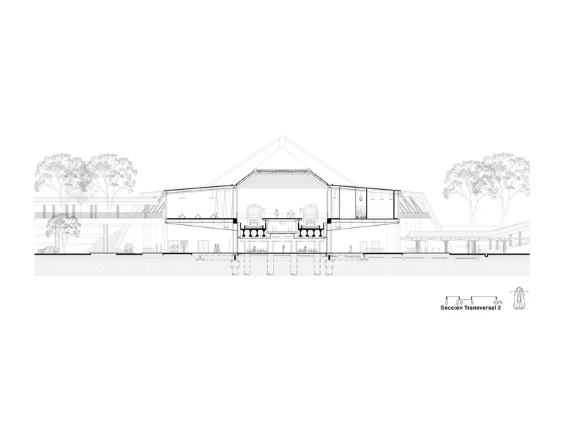 Transverse section drawing showing double-height central space beneath gabled roof with surrounding trees