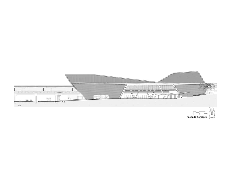 Elevation drawing showing the western facade with zigzagging roof planes and triangular structural supports below